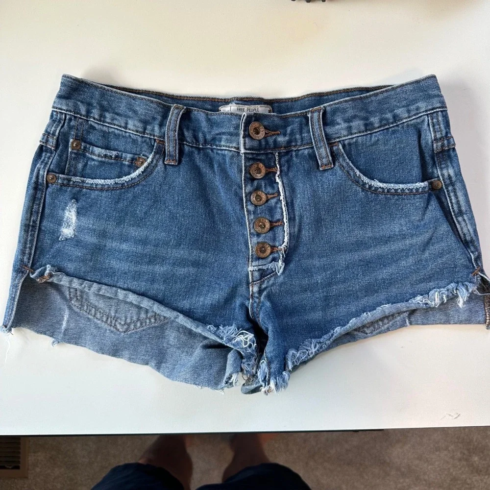 Free People Denim Shorts Women 25 Blue Distressed Button Fly Cut Off High Rise